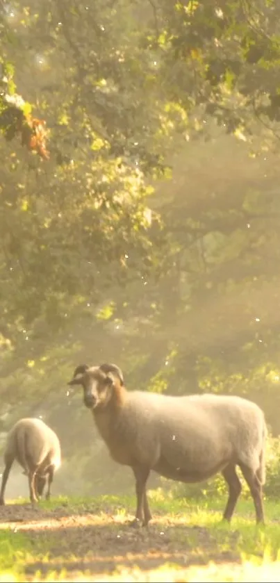 Sheep grazing in a sunlit forest path with lush greenery.