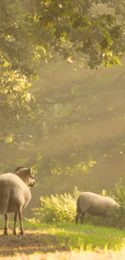 Sheep grazing in a sunlit, lush forest landscape with green hues.