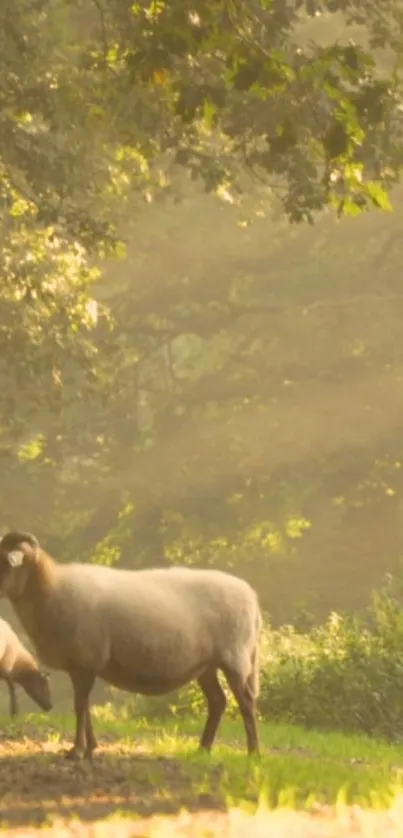 Sheep graze in a sunlit forest, creating a serene natural scene.