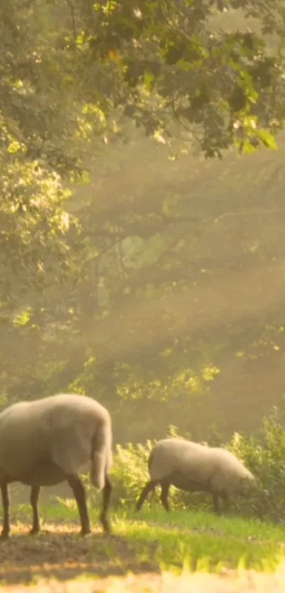 Serene meadow with sheep grazing under sunlit trees.