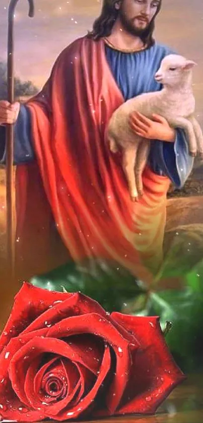 Serene shepherd with lamb and red rose in a tranquil setting.