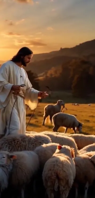 A shepherd with sheep at sunset in a tranquil landscape.