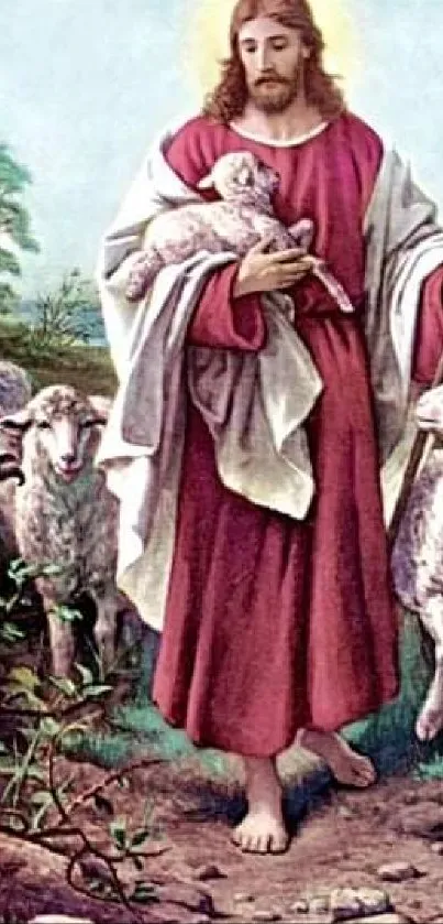 Shepherd with a lamb surrounded by a flock in nature.