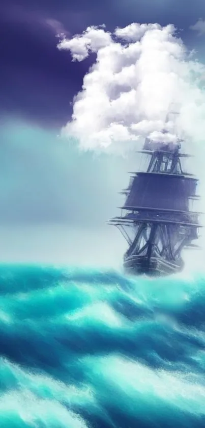 Ship sails through blue ocean with dramatic cloudy sky backdrop.