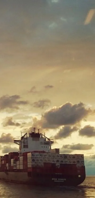 Cargo ship sailing at sunset under cloudy sky.