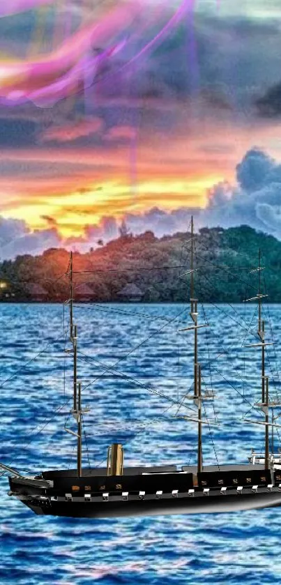 Sailing ship on ocean at sunset with colorful skies.