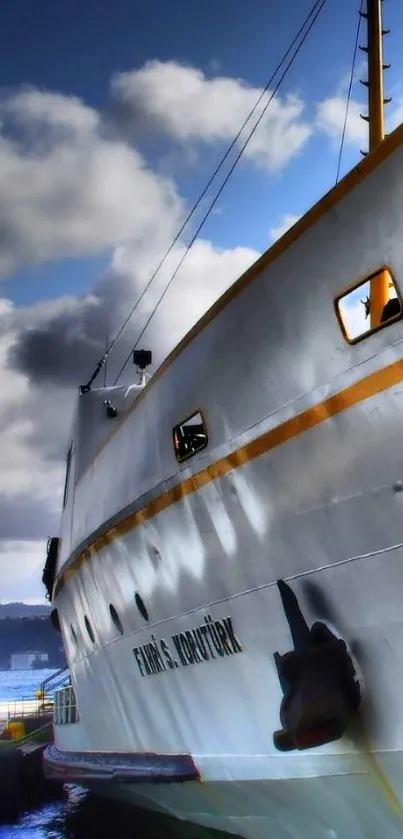 Majestic white ship docked with dramatic clouds in the background.