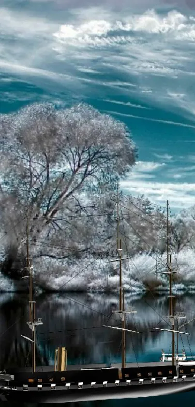 Ship reflecting on calm waters with a frosty landscape.