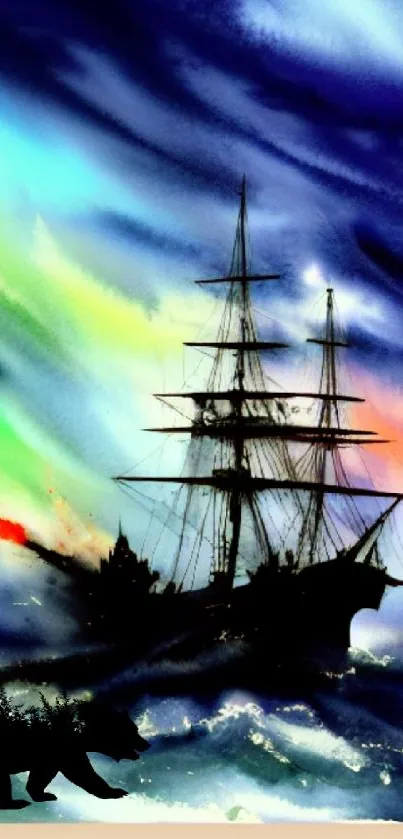 Captivating ship with northern lights and bear in the background.