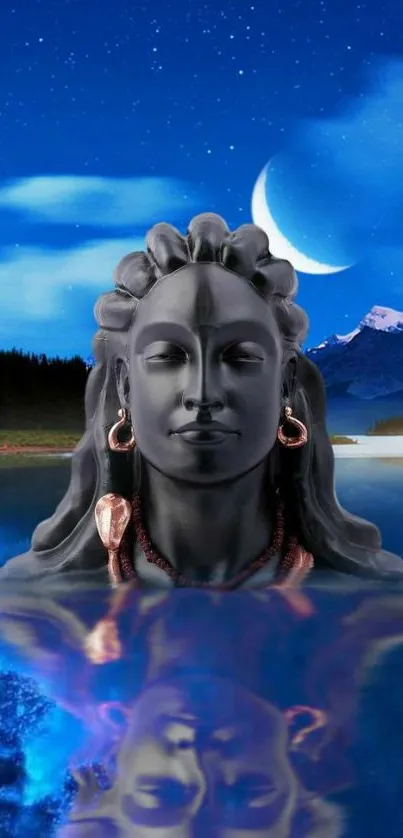 Serene Shiva statue with night sky reflection.