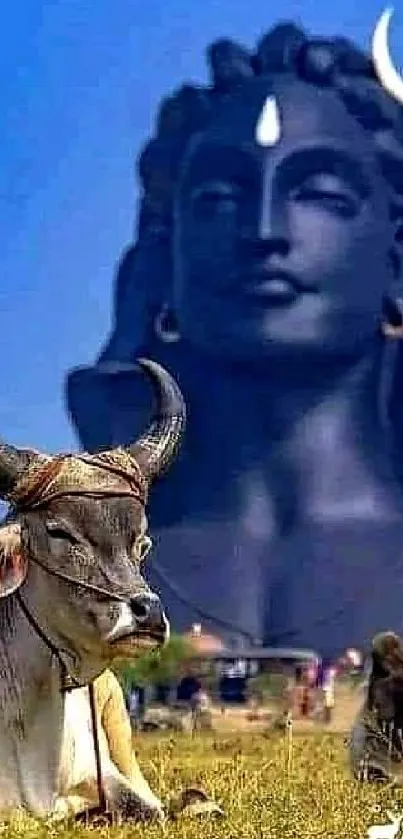 Shiva statue with cows in vibrant blue background.