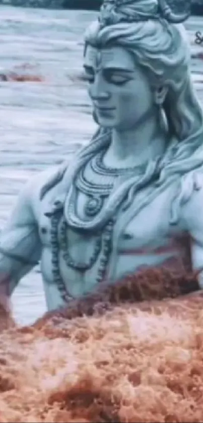 Serene Lord Shiva statue amidst rushing river water.