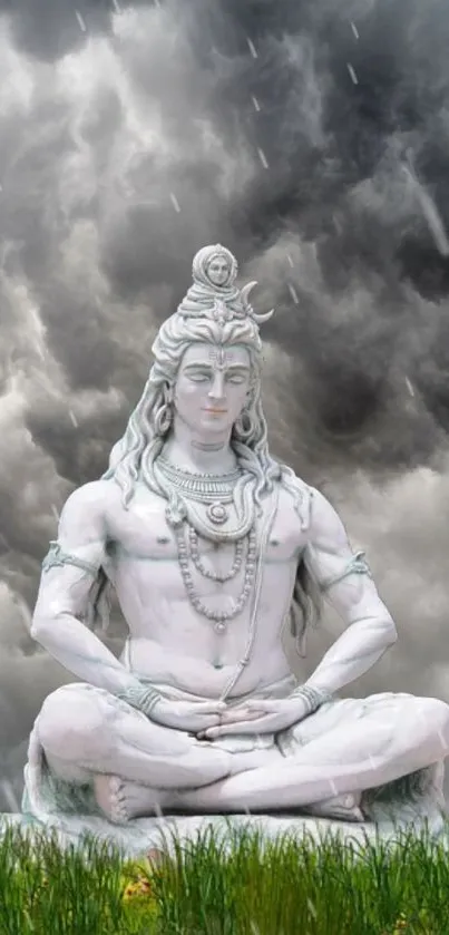 Shiva statue with stormy sky background and rain, showcasing tranquility.