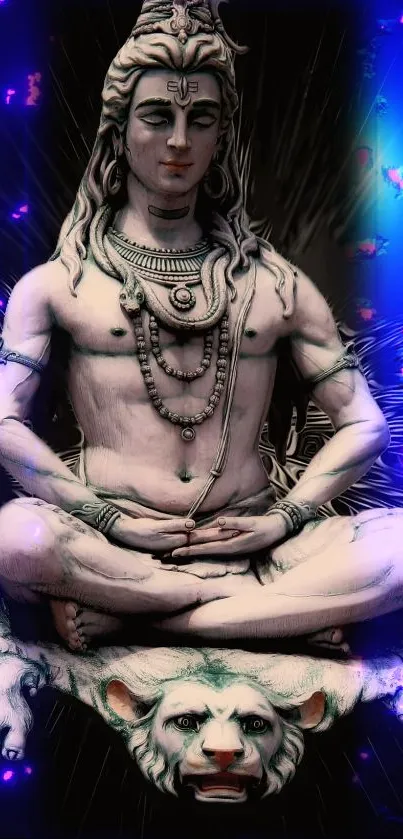 Shiva statue in meditation with blue aura.