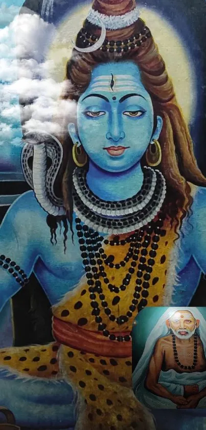 Illustration of Lord Shiva meditating in a blue mountainous background.