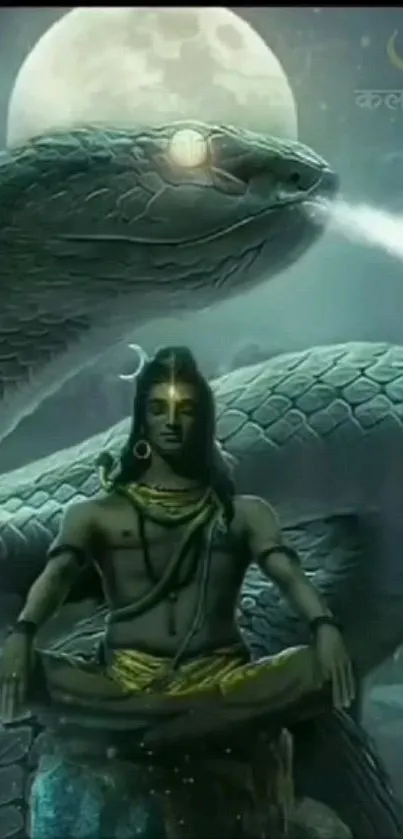 Shiva in meditation with a mystical snake and moonlit background.