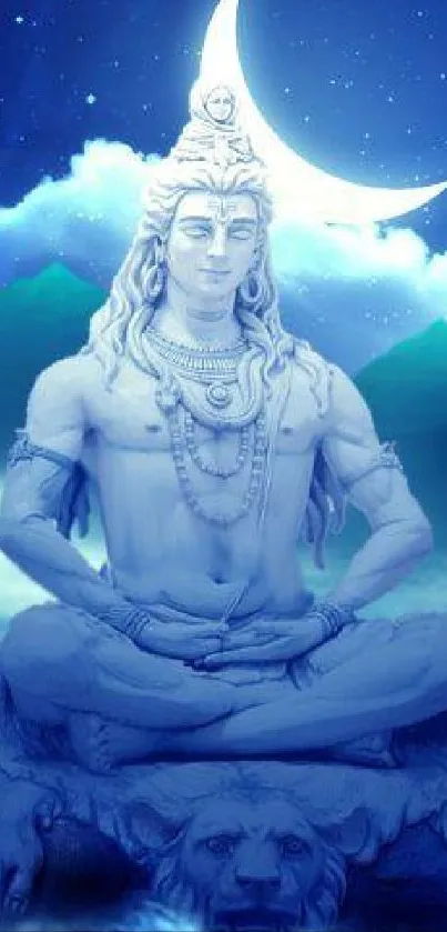 Lord Shiva meditating in a bright moonlit scene with blue background.