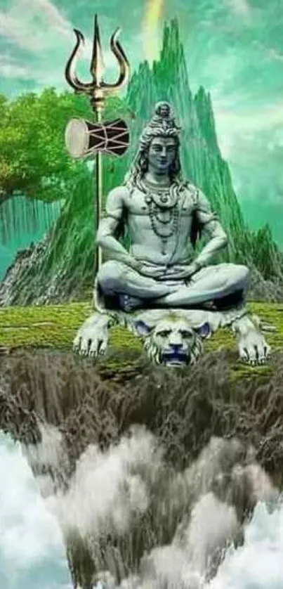 Lord Shiva meditating on a mystical floating island with lush green backdrop.