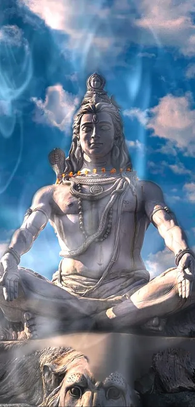 Serene Shiva statue against a blue sky.