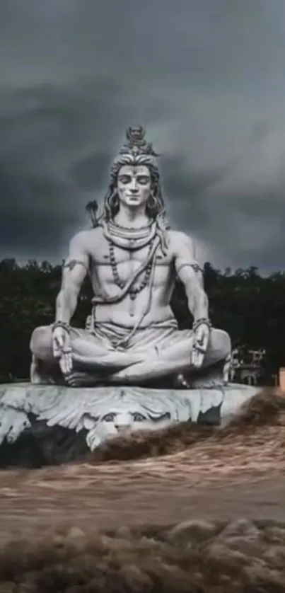 Serene Shiva statue under stormy skies, exuding calmness.