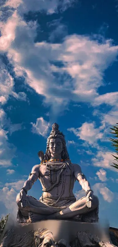 Intricate Shiva statue against a vibrant sky backdrop, exuding serenity and peace.