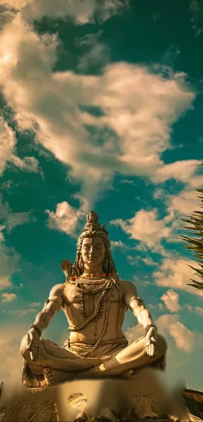 Statue of Shiva under a vibrant blue sky.