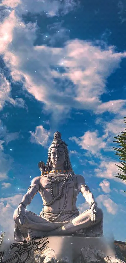 Lord Shiva statue meditating under a vibrant blue sky.