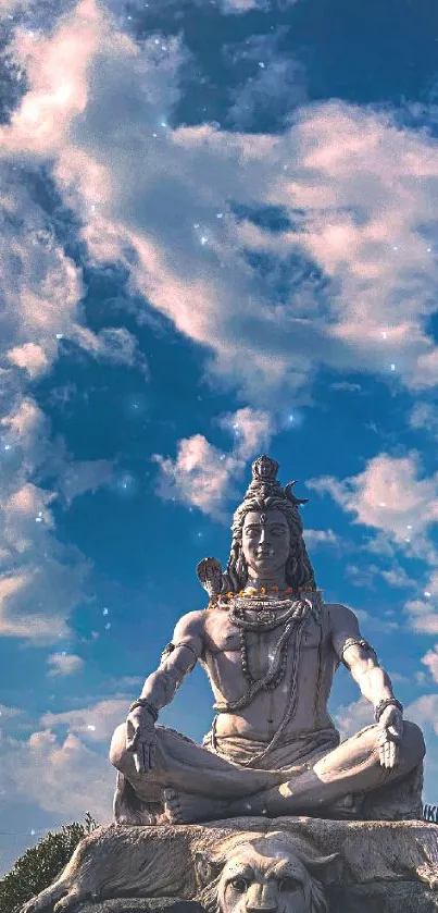 Majestic Shiva statue under a vibrant sky with lush greenery.