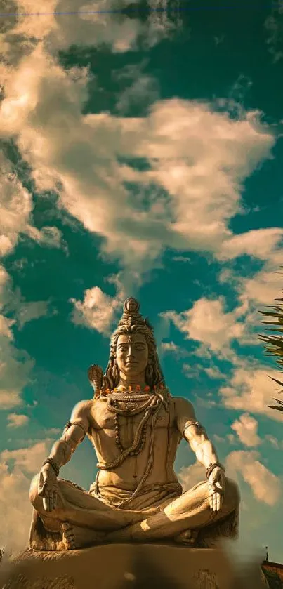 Shiva statue with clouds in the sky, creating a serene, spiritual mobile wallpaper.