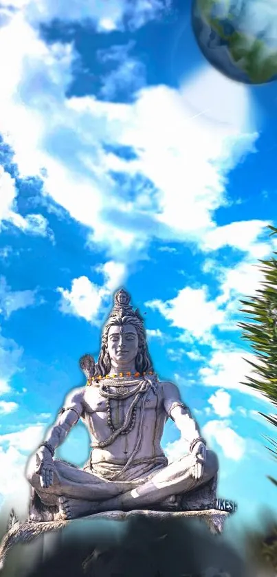 Serene Shiva meditating under a vibrant blue sky.