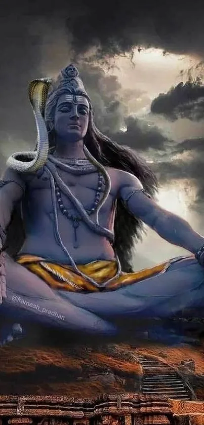 Lord Shiva statue under dark stormy sky on a mobile wallpaper.