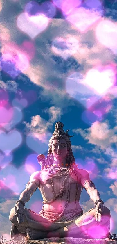 Serene Shiva statue under a cloudy, pink-tinted sky.