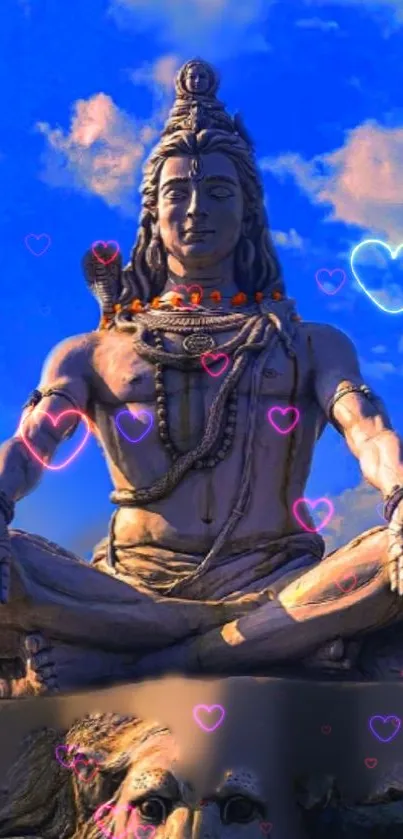 Lord Shiva statue with colorful hearts.