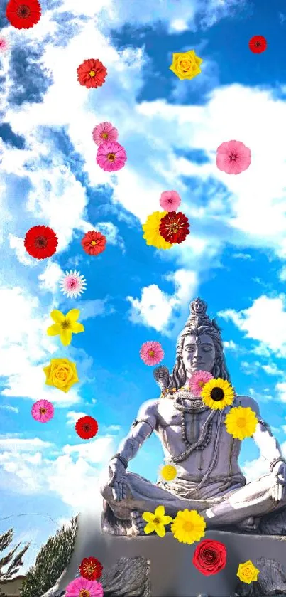 Shiva statue under a floral sky with floating flowers and clouds.