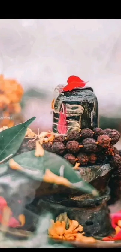 Serene Shivling decorated with flowers.