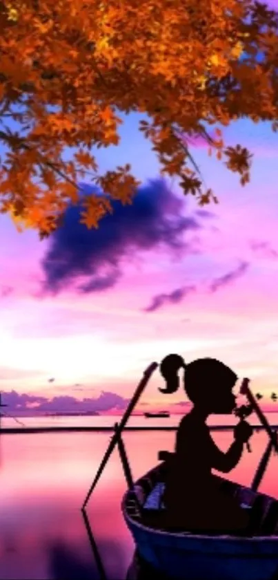 Silhouette of a girl in a boat during a vibrant sunset with autumn leaves.