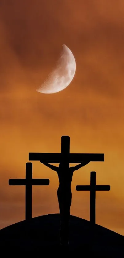 Silhouetted crosses with moon and sunset background.