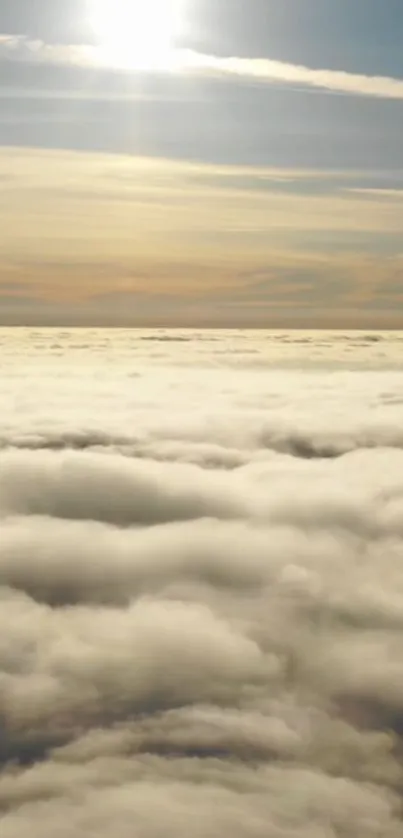 Serene sky above fluffy clouds with soft sunlight.