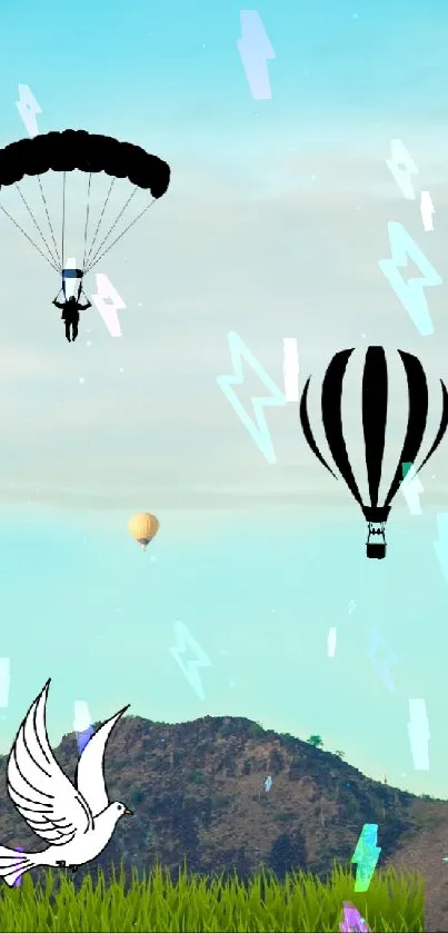 Wallpaper of parachutes and balloons over mountains with a blue sky.