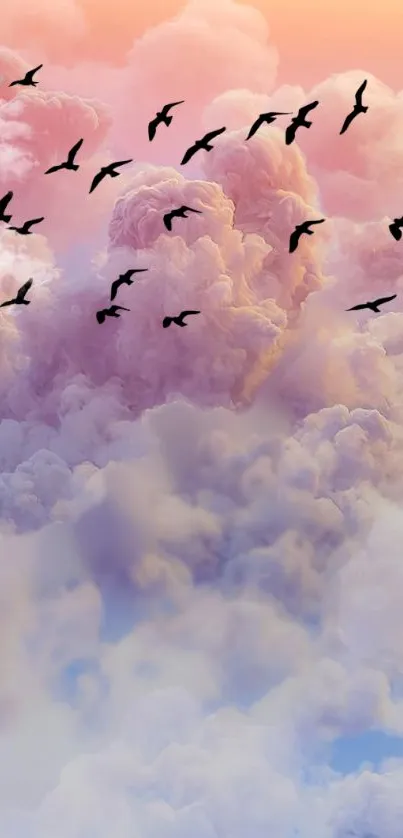 Mobile wallpaper with pastel clouds and flying birds in serene sky.