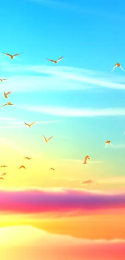 Serene sky with birds flying amidst soft clouds.