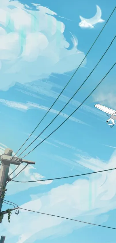 Illustrated serene sky with clouds and small airplane.
