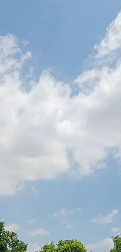 Tranquil sky with fluffy clouds and green trees.