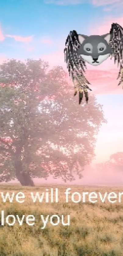 Serene landscape with owl and pink sky wallpaper.