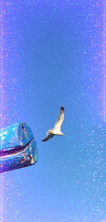 Seagull soaring in a clear blue sky with a wooden mast.