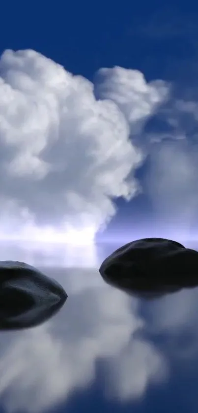 Serene blue sky with clouds and stones on reflective water surface.