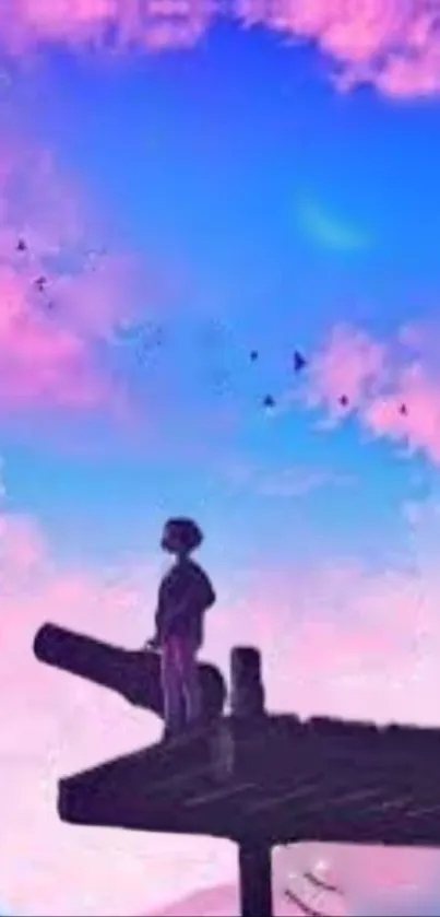 Anime art with a lone figure under pink clouds against a blue sky.