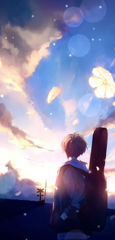 Anime character silhouetted against a vibrant sunset sky with petals.