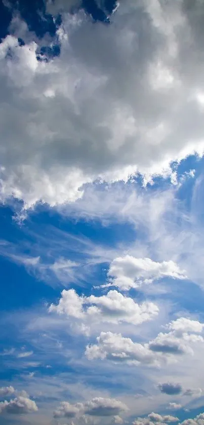 Peaceful sky wallpaper with vibrant blue and fluffy white clouds.