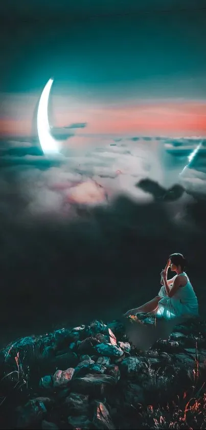 Crescent moon illuminating through vibrant clouds with a serene mountainous foreground.